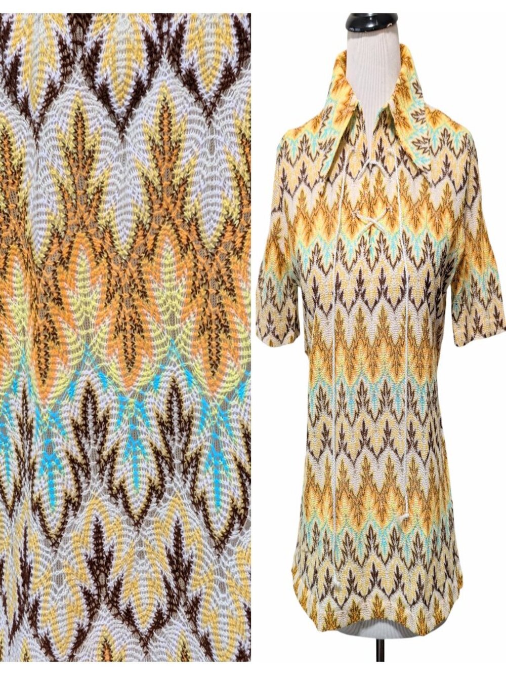 Vintage Helen Sue Unisex Size L Yellow Brown Gold Chevron Flame Knit Lace Up Top